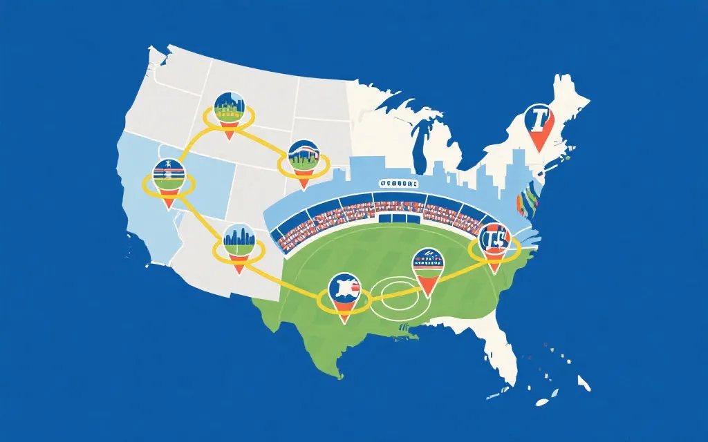 北美世界杯赛场概念图：城市剪影、球场灯光与夏季观赛氛围