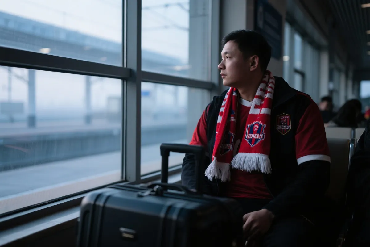 球迷旅途中的车站与行李，清晨光线，纪录片质感